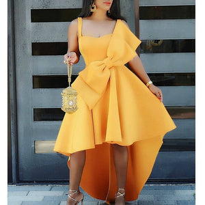 STYLISH LADY Big Bow Ruffle Hi Low Dress 2019 Summer Women Spaghetti Strap Yellow Front Short Back Long Big Swing Party Dress