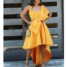 Load image into Gallery viewer, STYLISH LADY Big Bow Ruffle Hi Low Dress 2019 Summer Women Spaghetti Strap Yellow Front Short Back Long Big Swing Party Dress