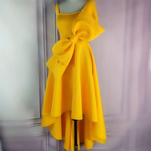 Load image into Gallery viewer, STYLISH LADY Big Bow Ruffle Hi Low Dress 2019 Summer Women Spaghetti Strap Yellow Front Short Back Long Big Swing Party Dress