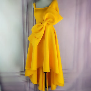 STYLISH LADY Big Bow Ruffle Hi Low Dress 2019 Summer Women Spaghetti Strap Yellow Front Short Back Long Big Swing Party Dress