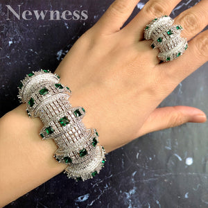 Newness 2PCS Bracelets/Ring Luxury Cubic Zirconia Open Bangle Resizable Rings Trendy Girls Women Patry Wedding Jewelry Sets