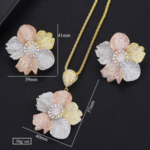 LARRAURI Luxury Flower Cluster Necklace Earring Set Cubic Zircon Crystal CZ jewelry Sets for women Wedding India Bridal Jewelry