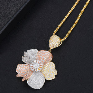 LARRAURI Luxury Flower Cluster Necklace Earring Set Cubic Zircon Crystal CZ jewelry Sets for women Wedding India Bridal Jewelry