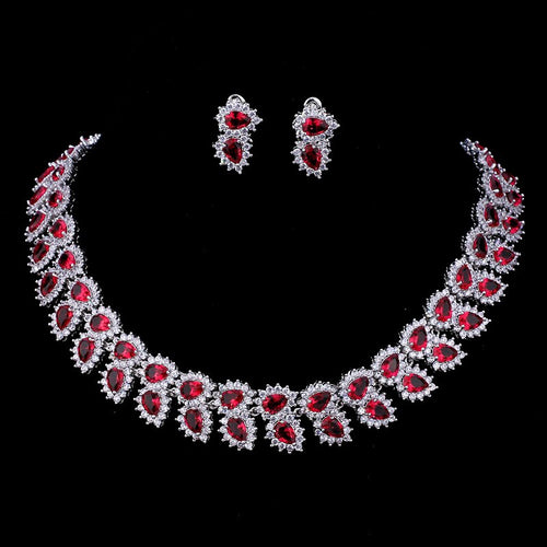 Emmaya Wedding Jewelry Sets Bridal Necklace Set for Women Teardrop White Red Zircon Jewelry Set Silver Color Engagement