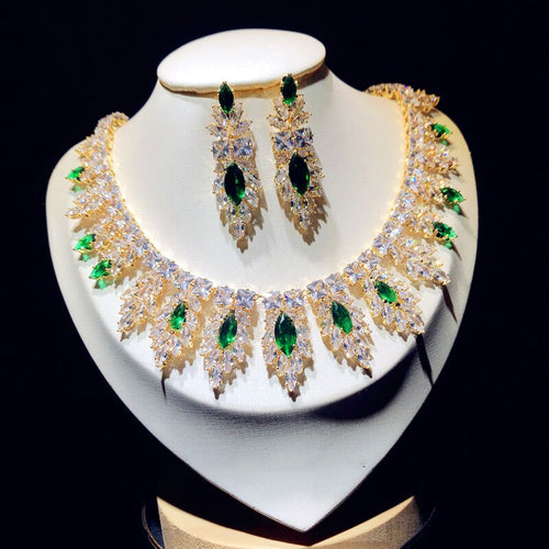 Fashion wedding necklace, party green suit accessories, full cubic zirconia, bridal jewelry set