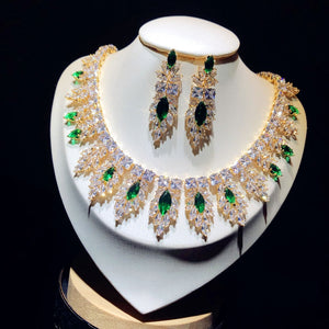 Fashion wedding necklace, party green suit accessories, full cubic zirconia, bridal jewelry set