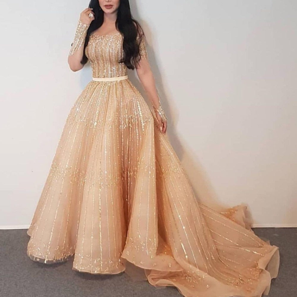 New Gold Evening Formal Dresses 2019 Chic Sequins Beads Long Sleeve Arabic Prom Gowns A Line Plus Size Formal Party Gowns