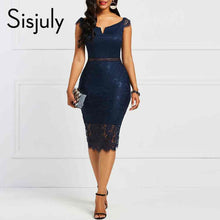 Load image into Gallery viewer, Sisjuly Bodycon Women Dress Lace Slash Neck Hollow Backless Sexy Elegant OL Party Chic Summer Patchwork Sheath Retro Dresses