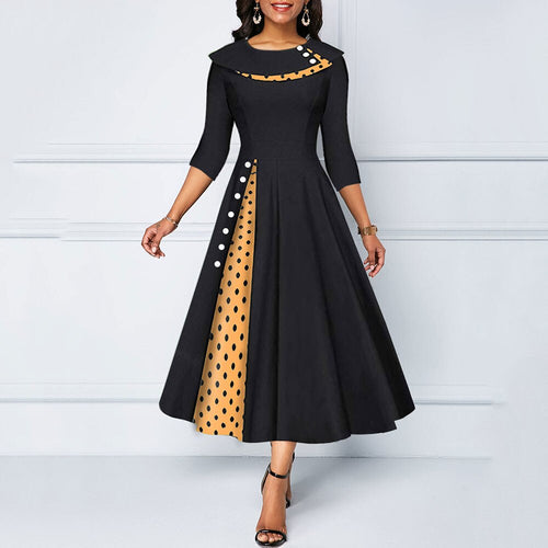 Sisjuly Elegant Polka Dots Women A-line Dress Color Block Round Neck Office Ladies Vintage Dress African Pullover Party Dresses