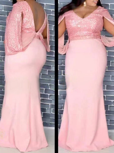 Elegant Pink Sequin Christmas Long Dress Women New Year Sexy V Neck Bodycon High Waist Plus Size Maxi Evening Party Dress Ladies