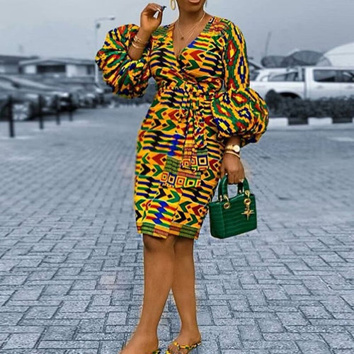 Vintage Yellow Printed Dress Puff Sleeve High Waist  African 2020 Summer Female Office Lady Dinner Midi Dresses Robe Vestiods