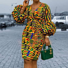 Load image into Gallery viewer, Vintage Yellow Printed Dress Puff Sleeve High Waist  African 2020 Summer Female Office Lady Dinner Midi Dresses Robe Vestiods