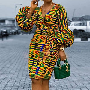 Vintage Yellow Printed Dress Puff Sleeve High Waist  African 2020 Summer Female Office Lady Dinner Midi Dresses Robe Vestiods