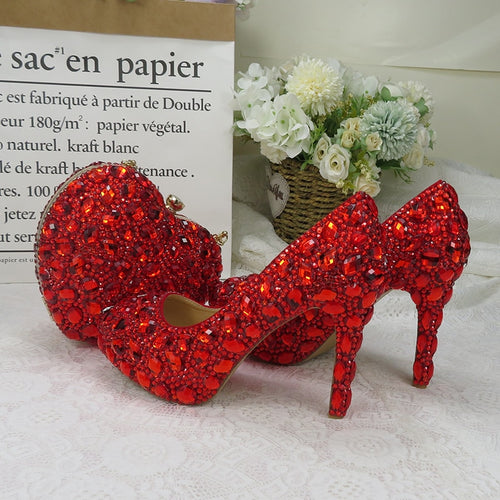 BaoYaFang Red rhinestone Women wedding shoes with matching bags Bride woman shoes and purse Platform shoes female Pumps