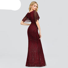 Load image into Gallery viewer, Sexy vestido de lentejuelas Maix para mujer de manga corta con cuello en V ajustado vestido de fiesta de noche elegante vestido de mujer largo Robe Femme 2020