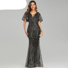 Load image into Gallery viewer, Sexy vestido de lentejuelas Maix para mujer de manga corta con cuello en V ajustado vestido de fiesta de noche elegante vestido de mujer largo Robe Femme 2020