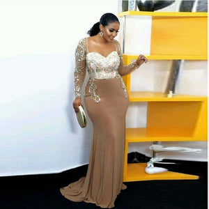 Plus Size Party Dresses Mermaid Illusions Evening Gowns robe de soiree longue Champagne Applique Formal Dress Long Sleeves