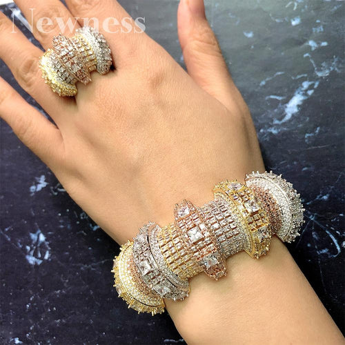 Newness 2PCS Bracelets/Ring Luxury Cubic Zirconia Open Bangle Resizable Rings Trendy Girls Women Patry Wedding Jewelry Sets