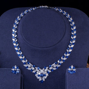 BeaQueen Brilliant Cubic Zircon Wedding Bridal Jewelry Sets Royal Blue Crystals Necklace Earrings Set Dress Accessories JS204