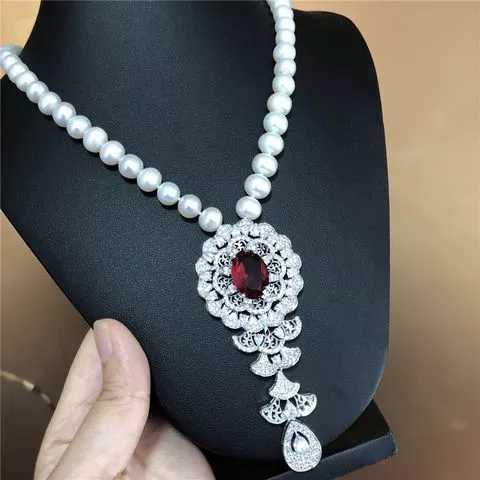 freshwater pearl white near round  10-11mm red zircon pendant necklace 18inch  wholesale nature beads for xmas gift