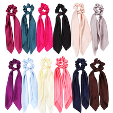 Load image into Gallery viewer, DIY Solid/Floral Print Bow Satin Long Ribbon Ponytail Scarf Hair Tie Scrunchies Women Girls Elastic Hair Bands Hair Accessories