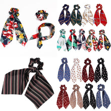 Load image into Gallery viewer, DIY Solid/Floral Print Bow Satin Long Ribbon Ponytail Scarf Hair Tie Scrunchies Women Girls Elastic Hair Bands Hair Accessories