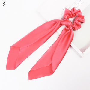 DIY Solid/Floral Print Bow Satin Long Ribbon Ponytail Scarf Hair Tie Scrunchies Women Girls Elastic Hair Bands Hair Accessories