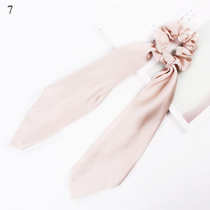 DIY Solid/Floral Print Bow Satin Long Ribbon Ponytail Scarf Hair Tie Scrunchies Women Girls Elastic Hair Bands Hair Accessories