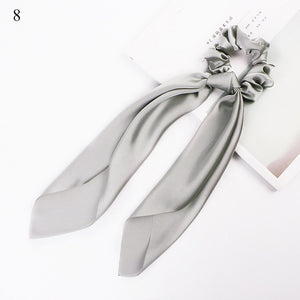 DIY Solid/Floral Print Bow Satin Long Ribbon Ponytail Scarf Hair Tie Scrunchies Women Girls Elastic Hair Bands Hair Accessories