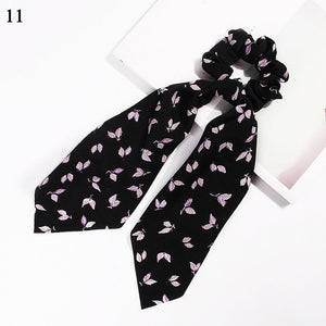 DIY Solid/Floral Print Bow Satin Long Ribbon Ponytail Scarf Hair Tie Scrunchies Women Girls Elastic Hair Bands Hair Accessories