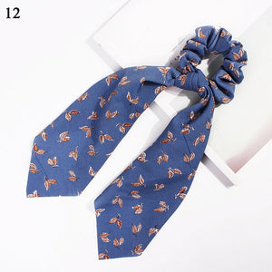 DIY Solid/Floral Print Bow Satin Long Ribbon Ponytail Scarf Hair Tie Scrunchies Women Girls Elastic Hair Bands Hair Accessories