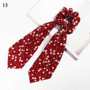 DIY Solid/Floral Print Bow Satin Long Ribbon Ponytail Scarf Hair Tie Scrunchies Women Girls Elastic Hair Bands Hair Accessories