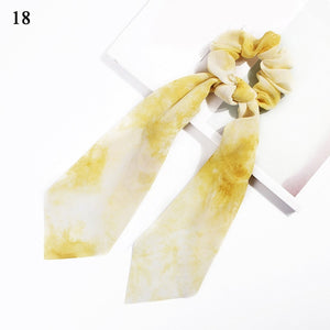 DIY Solid/Floral Print Bow Satin Long Ribbon Ponytail Scarf Hair Tie Scrunchies Women Girls Elastic Hair Bands Hair Accessories