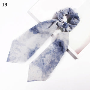 DIY Solid/Floral Print Bow Satin Long Ribbon Ponytail Scarf Hair Tie Scrunchies Women Girls Elastic Hair Bands Hair Accessories