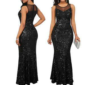 Sexy Mesh Patchwork Black Sequins Shinny Long Dress Women Sleeveless Elegant Party Dinner Evening Maxi Bodycon Mermaid Dresses