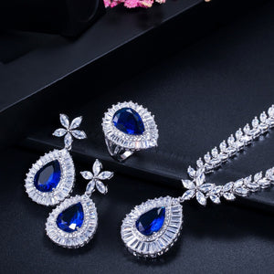 CWWZircons Water Drop Royal Blue CZ Necklace Earrings Ring And Bracelet 4 Piece Wedding Jewelry Set For Women Bridal Party T098