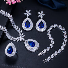 Load image into Gallery viewer, CWWZircons Water Drop Royal Blue CZ Necklace Earrings Ring And Bracelet 4 Piece Wedding Jewelry Set For Women Bridal Party T098