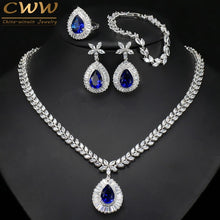 Load image into Gallery viewer, CWWZircons Water Drop Royal Blue CZ Necklace Earrings Ring And Bracelet 4 Piece Wedding Jewelry Set For Women Bridal Party T098