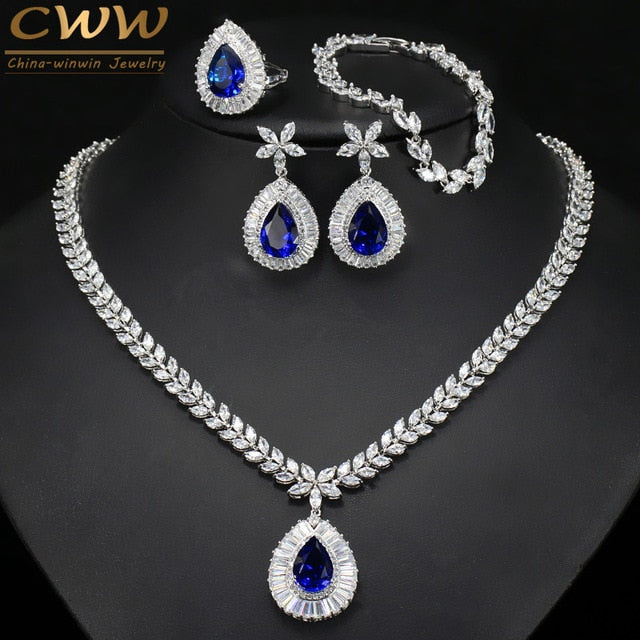 CWWZircons Water Drop Royal Blue CZ Necklace Earrings Ring And Bracelet 4 Piece Wedding Jewelry Set For Women Bridal Party T098