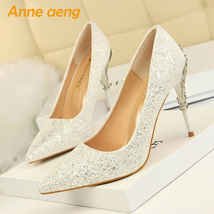 2019 New Women Pumps High Thin Heel Metal Pointed Toe Shallow Sexy Ladies Bling Bridal Wedding Women Shoes White High Heels