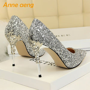 2019 New Women Pumps High Thin Heel Metal Pointed Toe Shallow Sexy Ladies Bling Bridal Wedding Women Shoes White High Heels