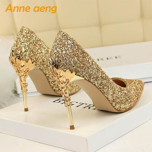 2019 New Women Pumps High Thin Heel Metal Pointed Toe Shallow Sexy Ladies Bling Bridal Wedding Women Shoes White High Heels