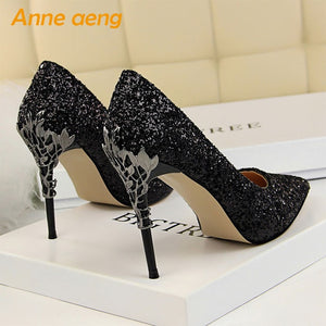 2019 New Women Pumps High Thin Heel Metal Pointed Toe Shallow Sexy Ladies Bling Bridal Wedding Women Shoes White High Heels