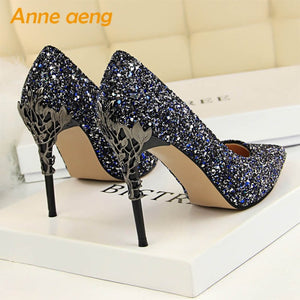 2019 New Women Pumps High Thin Heel Metal Pointed Toe Shallow Sexy Ladies Bling Bridal Wedding Women Shoes White High Heels