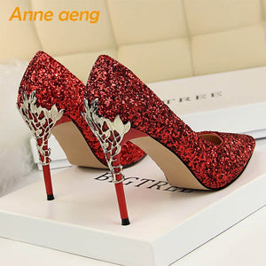 2019 New Women Pumps High Thin Heel Metal Pointed Toe Shallow Sexy Ladies Bling Bridal Wedding Women Shoes White High Heels