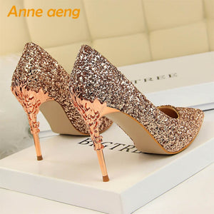 2019 New Women Pumps High Thin Heel Metal Pointed Toe Shallow Sexy Ladies Bling Bridal Wedding Women Shoes White High Heels