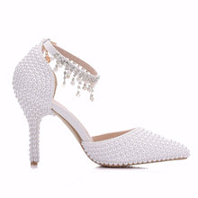 Load image into Gallery viewer, Crystal Queen Pointed Toe White Pearl Chain Wedding Shoes Thin Heels Party Sandals With Matching Bags With Purse Dress Shoes