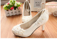 Load image into Gallery viewer, MIDDLE/LOW/HIGH HEELS white pumps shoes with lace flowers cheap low price, bridal pearls anklets party pumps, TG005 women&#39;s shoe