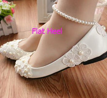 Load image into Gallery viewer, MIDDLE/LOW/HIGH HEELS white pumps shoes with lace flowers cheap low price, bridal pearls anklets party pumps, TG005 women&#39;s shoe