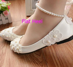 MIDDLE/LOW/HIGH HEELS white pumps shoes with lace flowers cheap low price, bridal pearls anklets party pumps, TG005 women's shoe